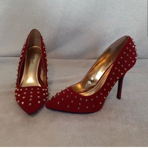 Red sued heels with gold studs size 8 never worn